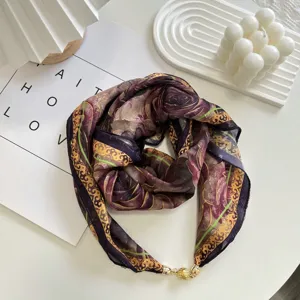 Detailed view of elegant floral print square scarf with magnetic clasp, stylish neck accessory.