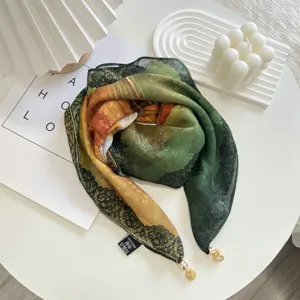 Chic spring summer square scarf with magnetic buckle lace print lightweight breathable elegant wrap.