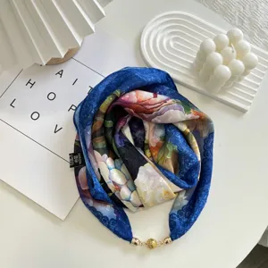 Blue floral print square scarf featuring magnetic buckle chic lightweight neck shawl