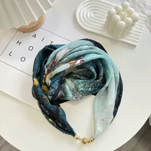 Spring summer floral square scarf with magnetic buckle, elegant thin sun protection shawl detail.