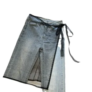 Gonna a portafoglio in denim e mesh stile coreano a strati con lacci in pizzo leggera