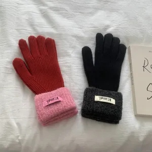 Women winter warm knit gloves thick elastic split finger gloves stylish contrast color cuff.