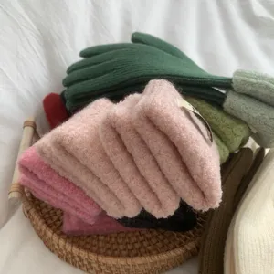Solid color knitted gloves women winter warm thick stretchy split finger gloves outdoor riding