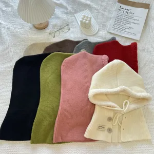 Knitted balaclava hooded scarf warm winter cap solid color fashion women head cover