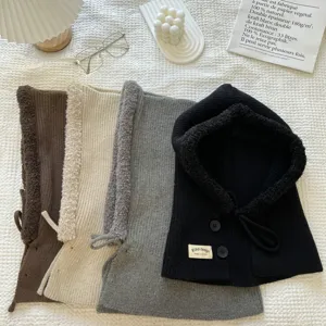 Knitted hooded scarf winter warm thick plush lined balaclava solid color ear protection fashion hat