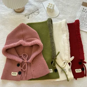 Knitted balaclava hooded scarf with fleece lining, thick warm winter beanie cap with buttons.