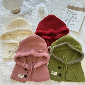 Knitted hooded scarf detachable balaclava winter warm solid color winter beanie hat