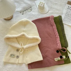 Versatile knitted hooded shawl winter warm ear-protection beanie hat set detail view.