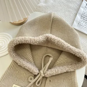 Cozy knitted hooded scarf detail view, warm plush trim balaclava with cute drawstring.