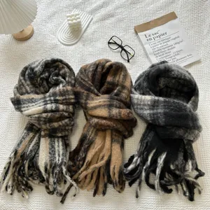 Bufanda de cuadros retro otoño invierno mujer hombre, chal largo acogedor con flecos moda cálida.