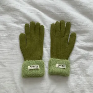 Green knit gloves women winter warm thick plush cuff fuzzy mittens stylish outdoor riding wear.