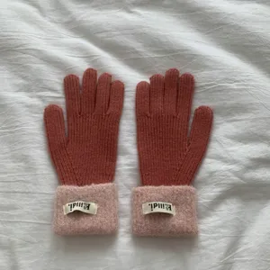 Women winter warm knit gloves with thick fuzzy cuff solid color student outdoor cycling