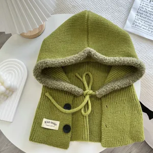 Green knitted hooded scarf balaclava with fleece lining and buttons for women winter warm