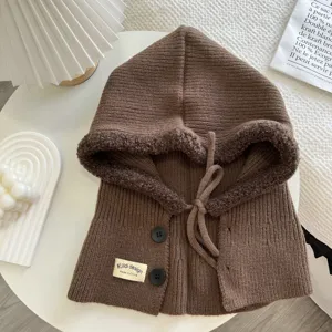 Brown knitted balaclava hood with plush lining and buttons, cozy winter warm hat detail.
