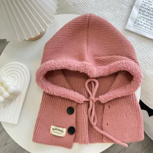 Pink knitted hooded shawl balaclava warm winter ear protection solid color wool hat for women