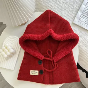 Red knitted hooded scarf detail, warm winter balaclava with buttons and drawstring.