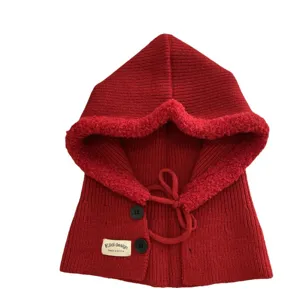 Red knitted balaclava hooded scarf warm winter cap with buttons and plush fleece trim