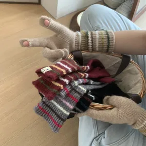 Koreanische Art Strick gestreifte fingerlose Handschuhe Herbst Winter warme Stulpen Damen