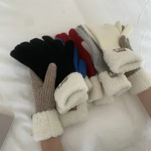 Thickened warm knit gloves for women winter plush cuff cozy stylish winter handwear
