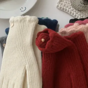 Gants d'hiver femme tricot sans doigts couleur unie volants chauds mignons élégants