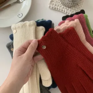 Femmes hiver gants en tricot couleur unie volants gants chauds sans doigts mode chic