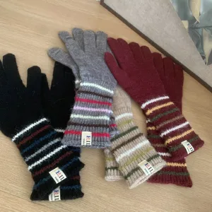 Damen Winter lange Strickhandschuhe gestreifte Bündchen warme Wollhandschuhe Mode Accessoire