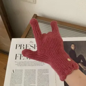 Gants d'hiver roses en tricot sans doigts pour femmes, mitaines chaudes côtelées avec bouton.