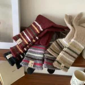 Gestreifte Strick-Langhandschuhe für Damen im koreanischen Stil, warme Wintermode.
