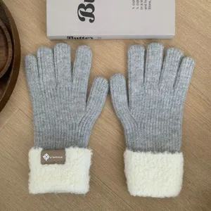 Cozy thick knitted winter gloves for women, stylish grey and white plush fleece cuff warm.