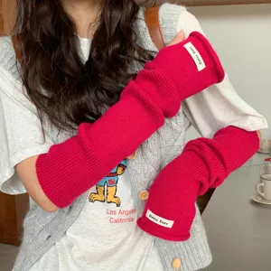 Gants Tricotés Sans Doigts Longs pour Femmes Couleur Unie Côtelé Chauffe-Bras Hiver Accessoires de Mode Décontractés Quotidiens