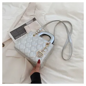 Silver heart quilted top handle crossbody bag stylish PU leather shoulder handbag for women