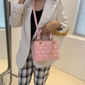 Pink heart quilted patent leather handbag stylish shoulder crossbody bag for women