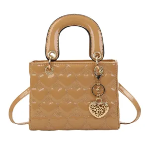 Glossy PU Leather Women Top Handle Handbag Heart Quilted Crossbody Shoulder Bag Camel