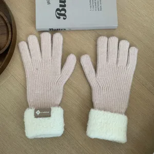 Thickened knit warm gloves for women autumn and winter cute fleece cuff thermal gloves