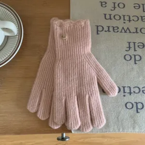 Gants en tricot rose pour femmes couleur unie volants gants d'hiver chauds gants en laine