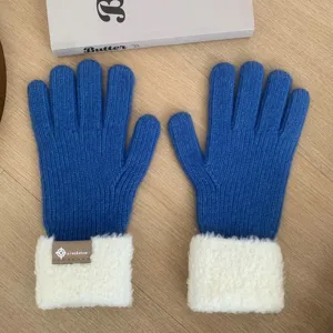 Women winter thick warm knit gloves with plush fleece cuffs blue stylish everyday wear