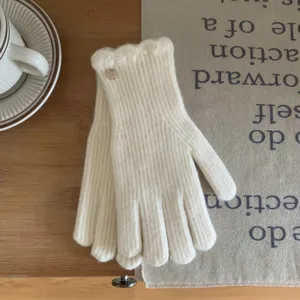 Gants d'hiver tricotés pour femmes couleur unie mitaines chaudes détails volantés