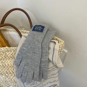 Close-up detail of cozy grey knit gloves with blue woven label, styled in a basket for winter style.