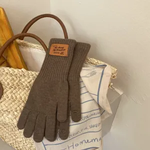 Cozy brown knit long gloves in a lifestyle bag setting, perfect for winter warmth and daily style.