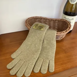 Detailed view of women knitted long gloves in beige, warm five-finger design for winter cold.