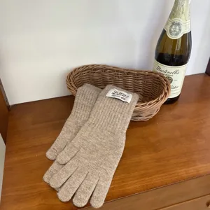 Detailed view of cozy knit gloves in neutral beige tone with cuff label, winter daily wear.