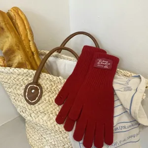 Red knit winter gloves detail view, soft warm material, cute student style daily accessory.