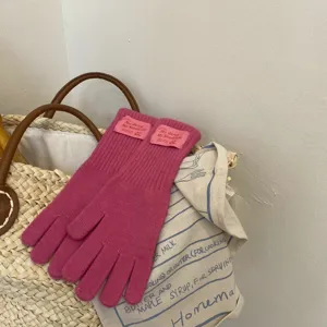 Pink knitted five-finger gloves for women winter warmth accessory detail view product display