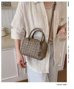Stylish woven top handle shoulder crossbody bag for women, casual lifestyle daily use.