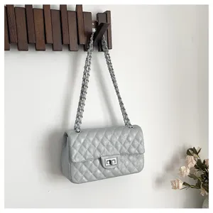 Classic quilted chain shoulder bag for women, stylish small square bag with elegant turn lock.