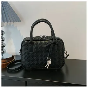 Minimalist black woven leather shoulder bag, casual top handle crossbody bag for women.