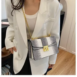 Women fashion crocodile pattern shoulder bag metallic chain crossbody bag luxury handbag