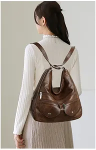 Sac à dos en cuir souple multi-poches pour femme sac bandoulière grande capacité loisirs