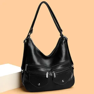 Sac à main souple en cuir noir pour femme, grand sac bandoulière pratique pour le travail.