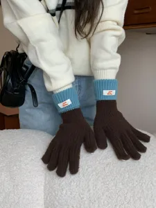 Women winter knit gloves color block touchscreen five finger gloves cozy warm cycling gloves